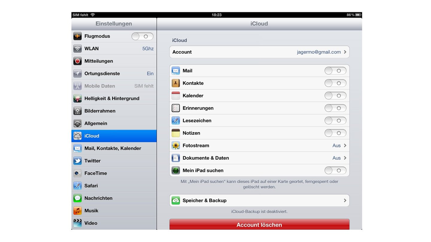 Die Einstellungen zur iCloud.