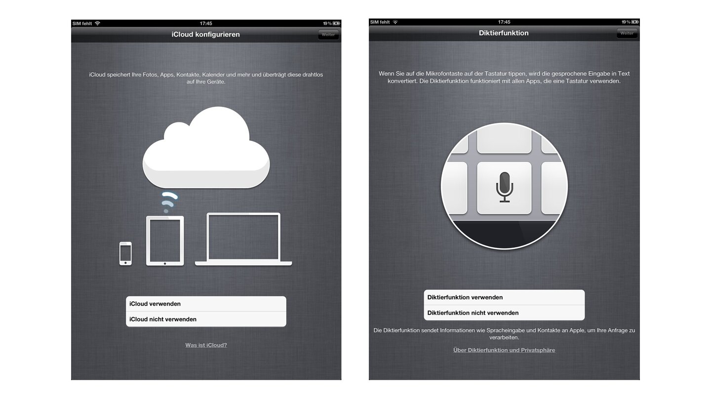 Die iCloud ist mit an Bord, Siri muss aber einer Diktierfunktion weichen.