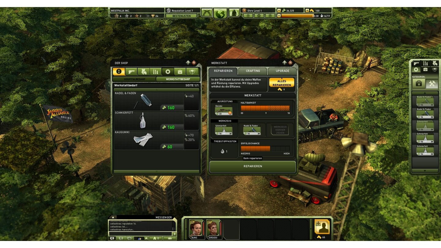 Jagged Alliance OnlineDas Pendant zum Lazarett: In der Werkstatt flicken wir Rüstung und Waffen. Oft ist ein Neukauf aber billiger.