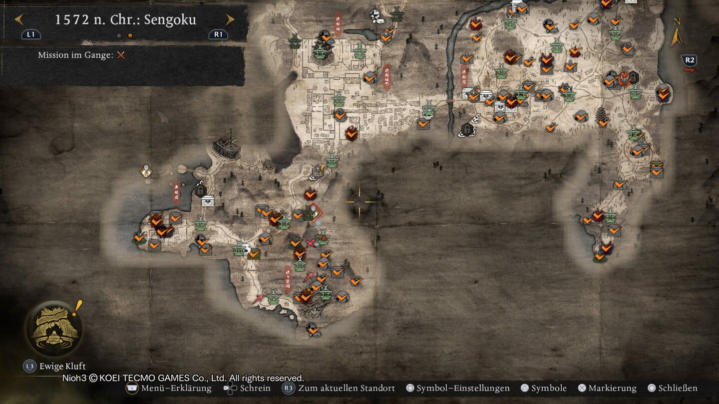 Nioh 3: Durch das Aufdecken der Welt steigert ihr eure Erkundungsstufe, und damit die Menge an Icons auf eurer Karte.