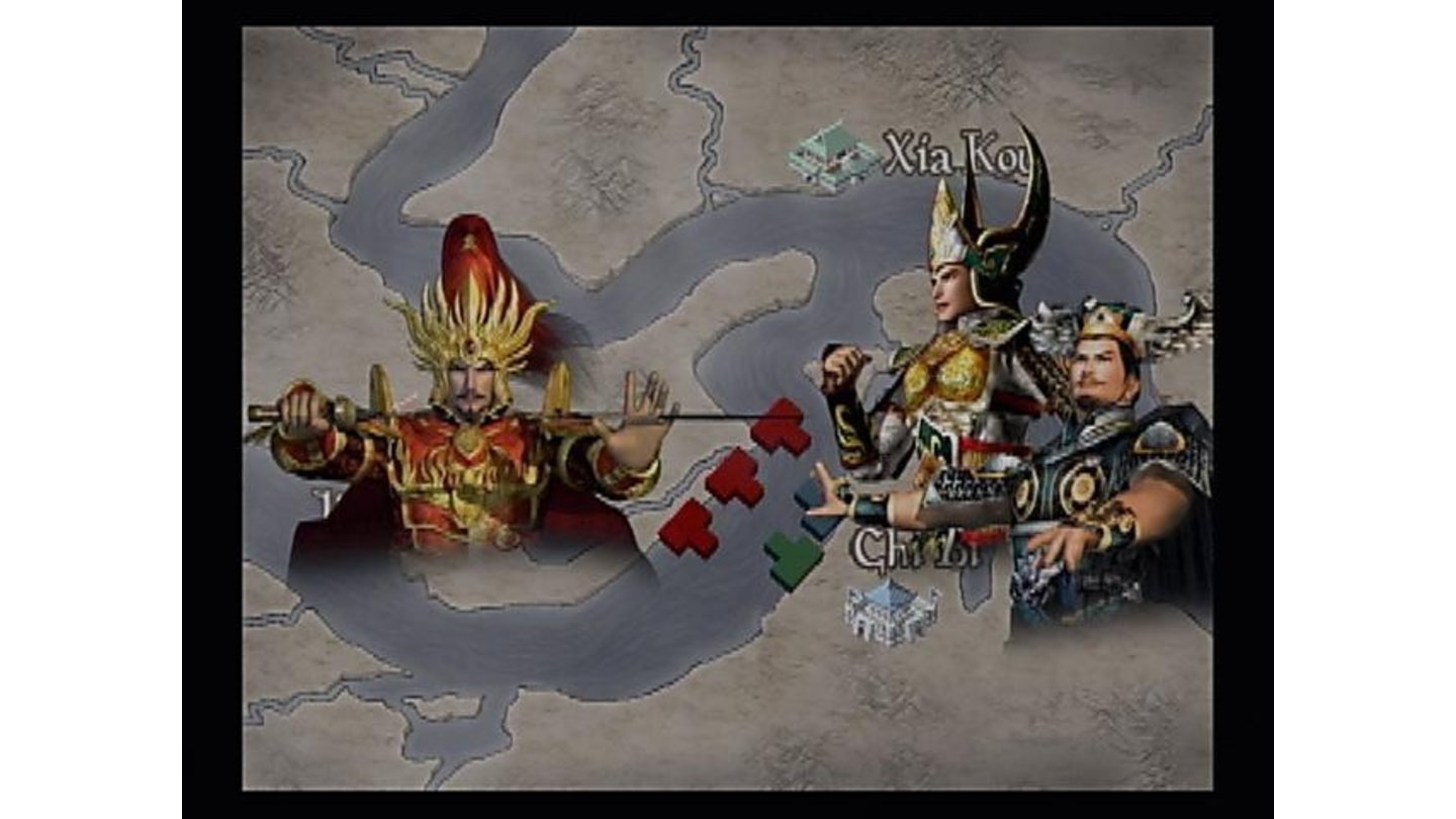 Wei, meet the mighty power of Wu-Shu! Pre-battle strategic overviews often involve a map with standard unit icons and imagery of the generals involved. Here the Army of Wei engages the combined fleets of Wu and Shu at Chi Bi.