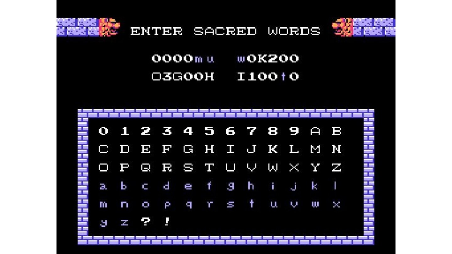 Kid Icarus (NES)Eine Speicherfunktion gibt es in Kid Icarus nicht, sondern Passwörter. Diese zu notieren und einzugeben ist eine Herausforderung für sich.