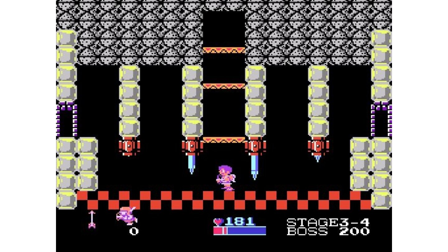 Kid Icarus (NES)Die Festungen sind enorm verzweigte Labyrinthe voller Gegner und fieser Fallen. Hit flitzt Pit unter riesigen Stacheln hindurch.