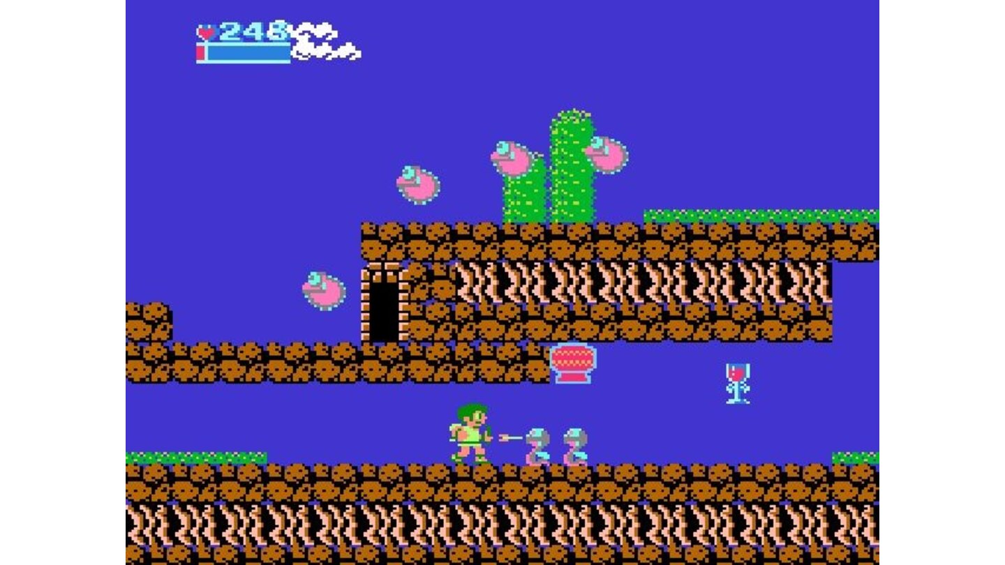 Kid Icarus (NES)Noch ein paar Schlangen erledigen, dann naht die Rettung: Der Kelch (rechts) füllt einen Teil der Lebensenergie des Helden wieder auf.