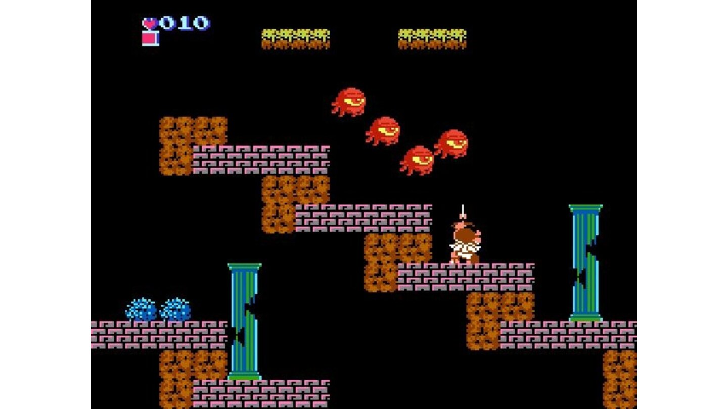 Kid Icarus (NES)Die Levels scrollen entweder nach oben oder zur Seite. Zu Beginn muss Pit hoch hinaus – wird aber ständig von Monstern aufgehalten.