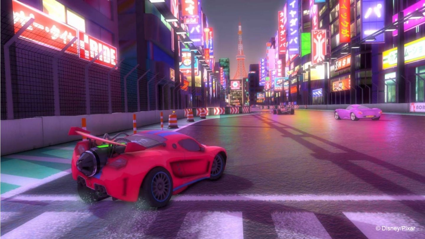 Kinect RushIn der Welt von Cars brettern wir durch Teile von Tokio die für den Film entwickelt, aber dann rausgeschnitten wurden.