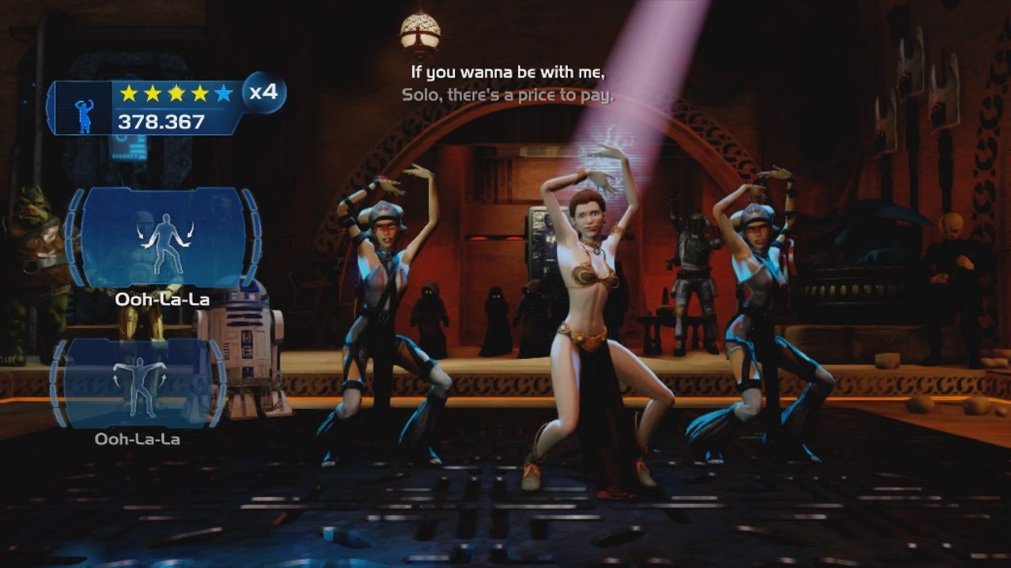 Kinect Star WarsPrinzessin Leia tanzt als Jabbas Gefangene im »Galaktischen Tanzwettbewerb«um ihr Leben.