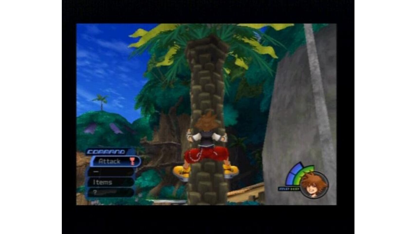 Unlike any movies in FF games, Sora can climb the trees as well, and shake down some coconut as well.