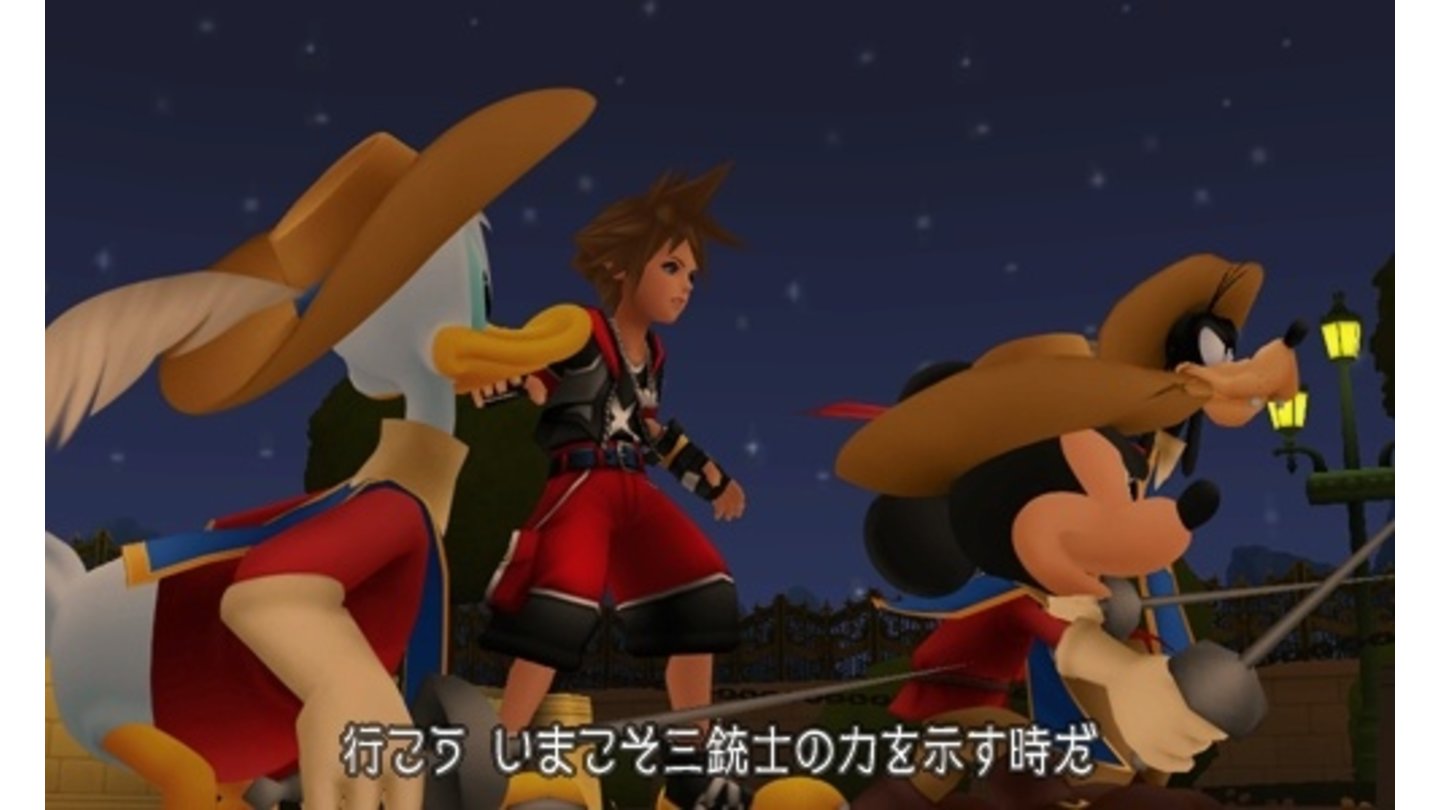 Kingdom Hearts 3D: Dream Drop DistanceZusammen mit den drei Musketieren Micky, Donald und Goofy kämpfen wir Seite an Seite.