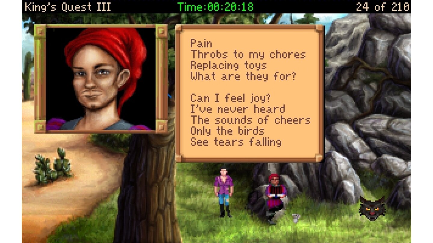 Kings Quest 3 ReduxMehr Dialoge: Fast alle Charaktere haben in Kings Quest 3 Redux mehr zu sagen, was der Atmosphäre sehr gut tut. Zum Teil kommen sogar neue Personen wie dieser Dichter vor.