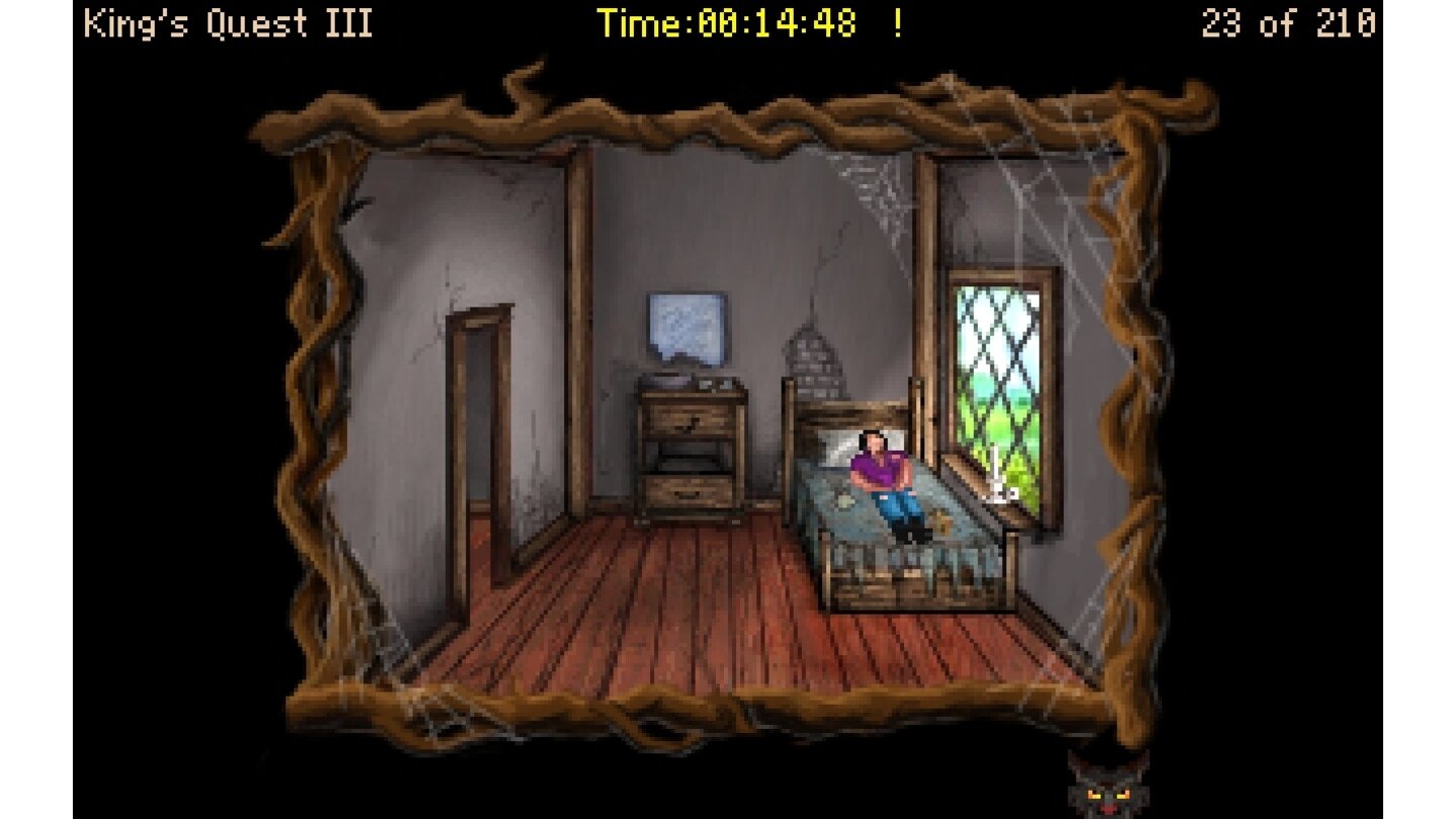 Kings Quest 3 ReduxZeitsprung: Gwydion kann in seinem Bett schlafen, um zum nächsten Erscheinen Manannans vorzuspringen. Das verhindert nervige Wartezeiten.