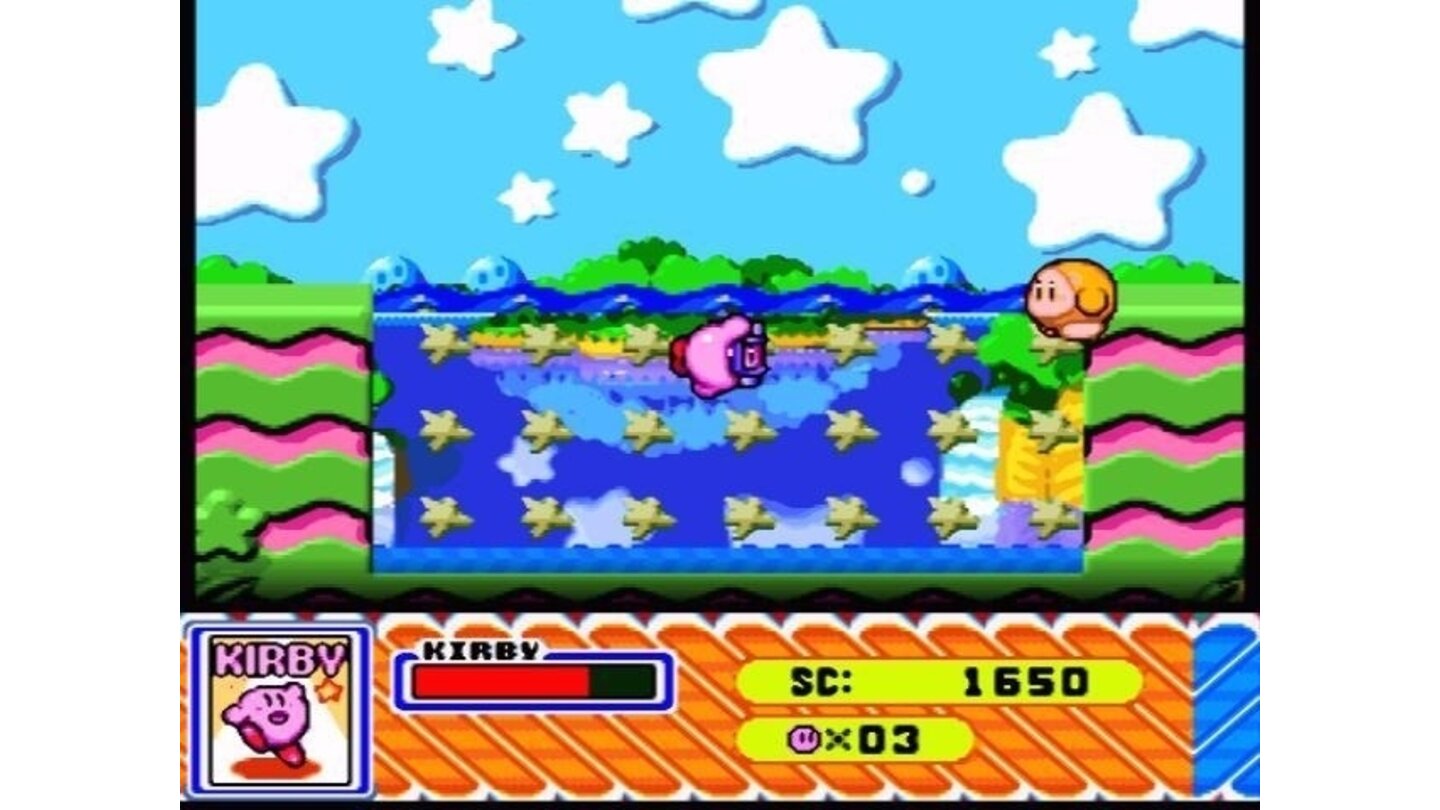 Kirby is swimming with the mask on