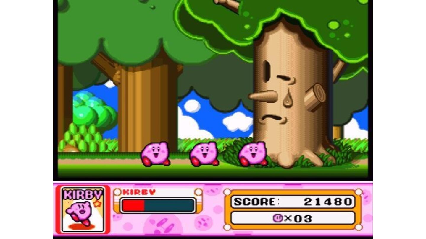 The boss is defeated, the level is completed, Kirby is now three, and look at this sad tree