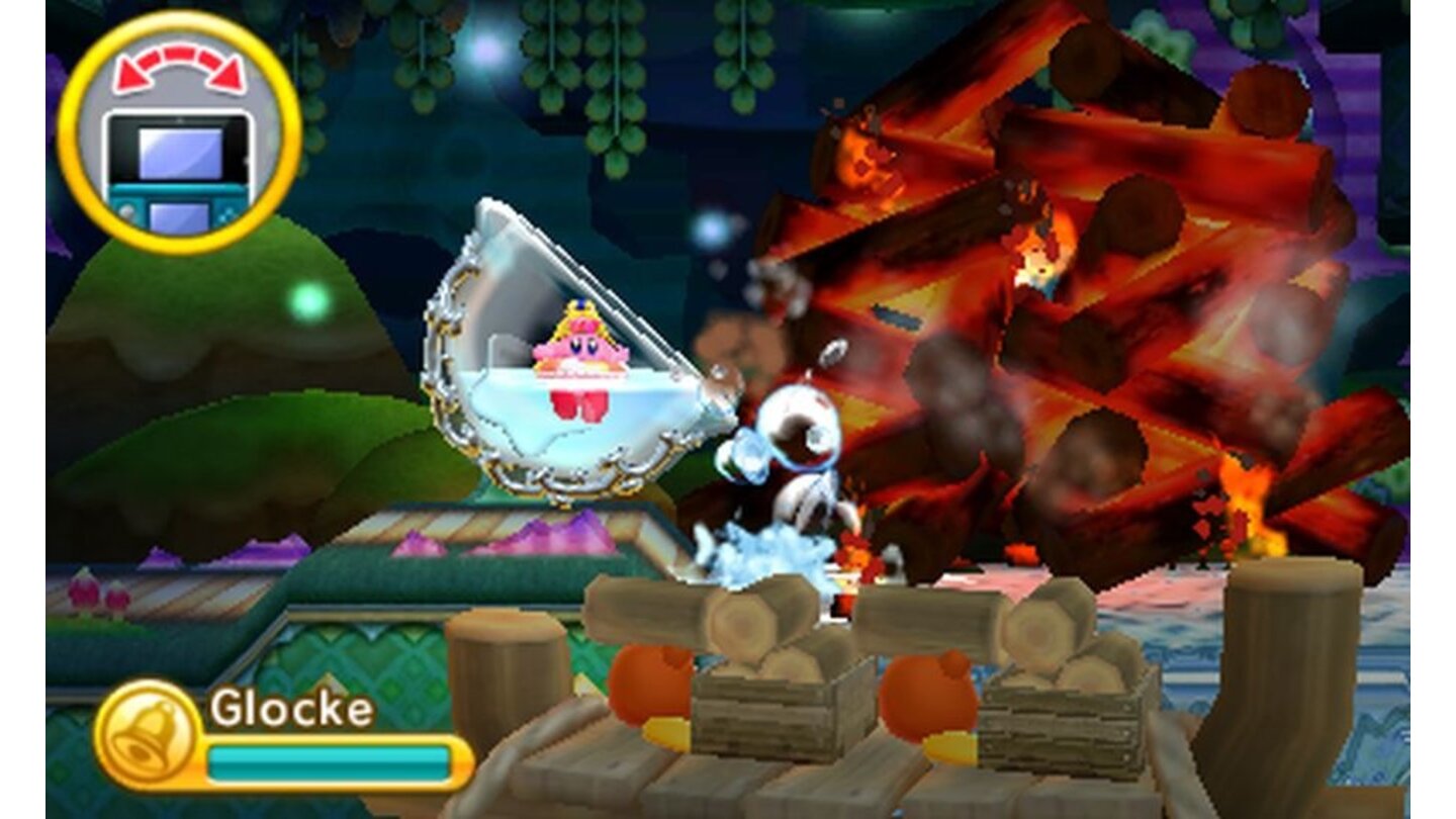 Kirby Triple DeluxeDurch Neigung des 3DS können wir dieses Feuerhindernis löschen.