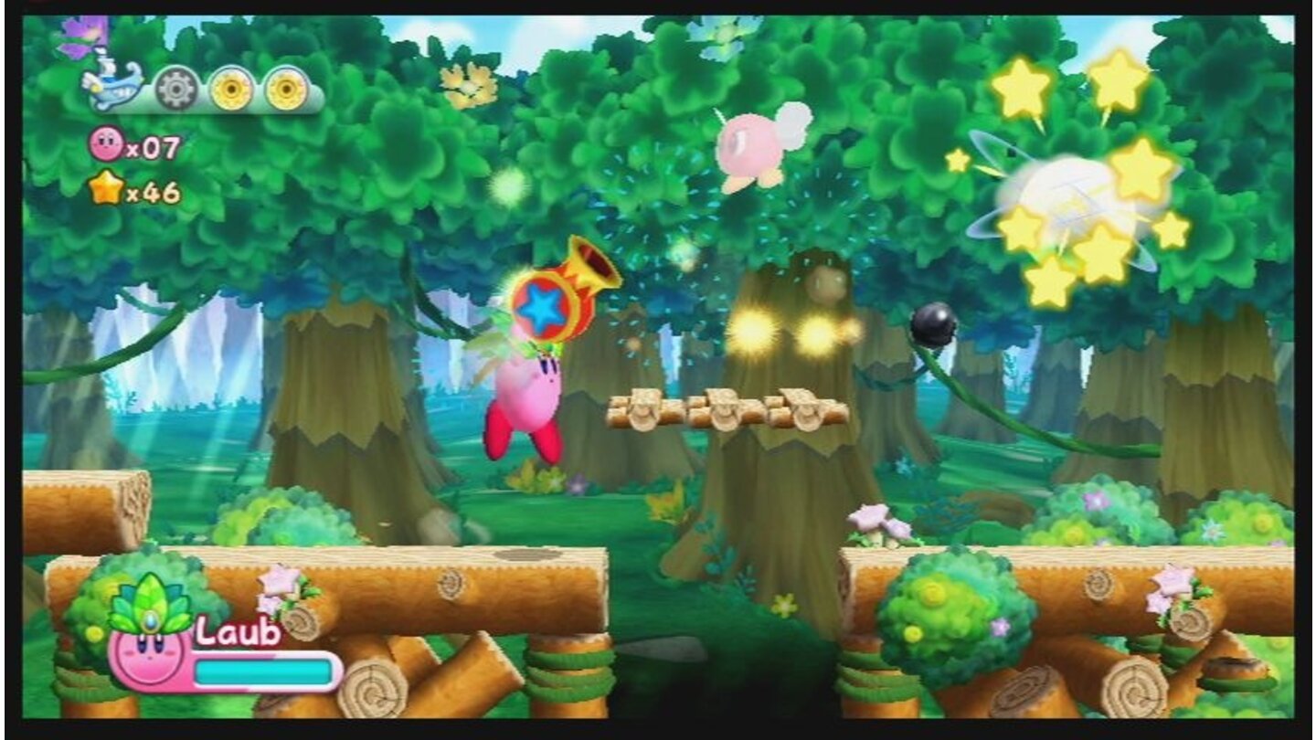 Kirby's Adventure WiiMit hilfreichen Gegenständen wie der Kanone muss man praktisch nur noch gerade aus laufen -- die Geschosse erledigen den Rest.