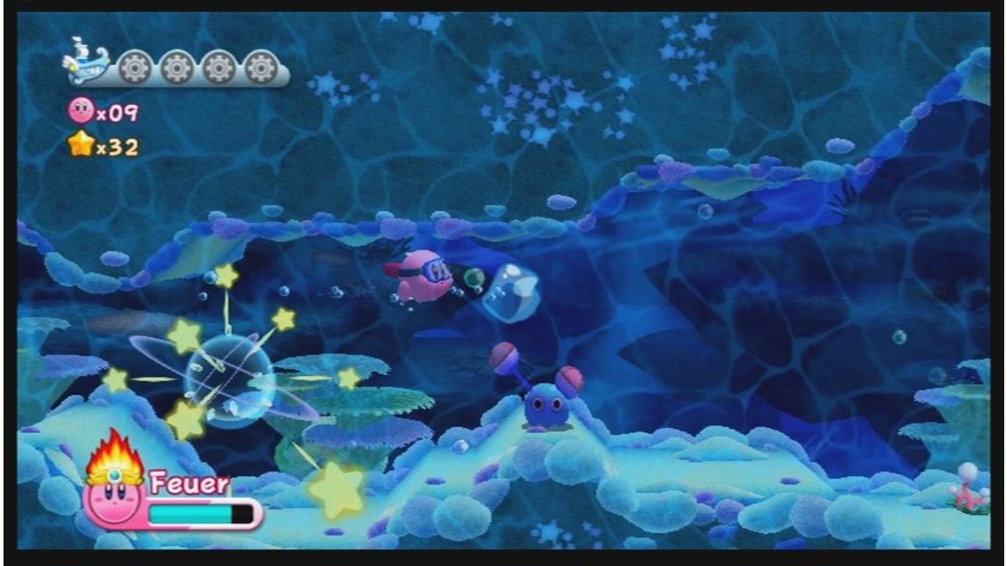 Kirby's Adventure WiiNatürlich können auch während des Tauchgangs Feine mit einer gekonnt gespuckten Luftblase erledigt wird.