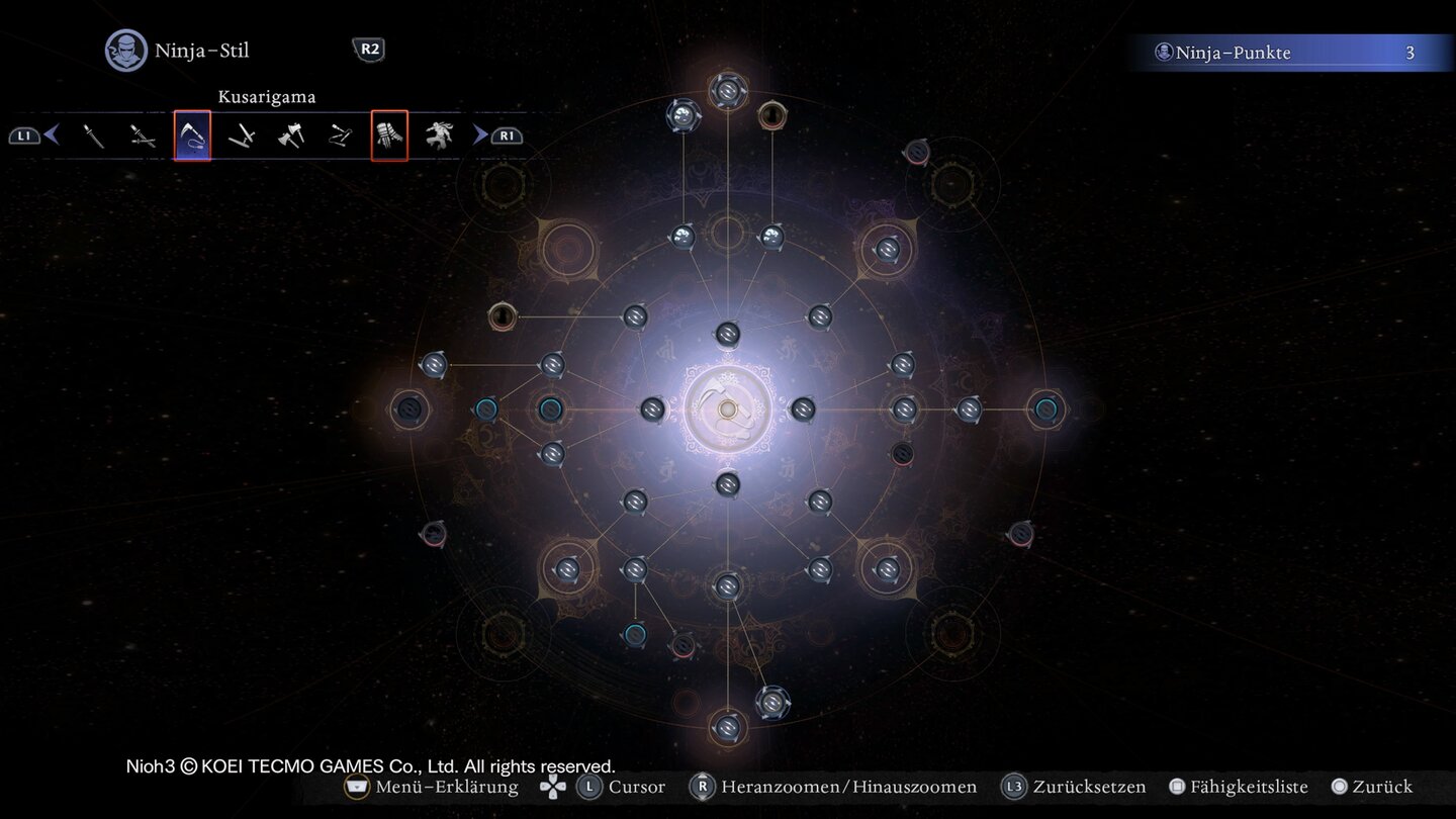 Nioh 3: Der Talentbaum für das Kusarigama ist voll mit Techniken, die Feinden das Schwindeln lehrt.