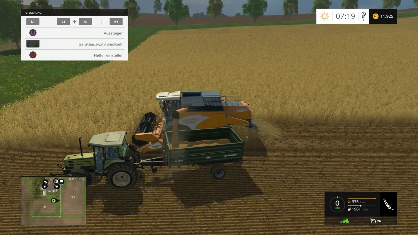 Landwirtschafts-Simulator 15Wenn wir uns geschickt anstellen, können wir beim Dreschen schon direkt unseren Wagen befüllen.