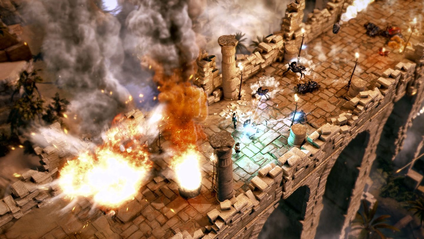 Lara Croft and the Temple of OsirisZu viert wird's schon mal chaotisch - vor allem wenn rundherum alles explodiert.