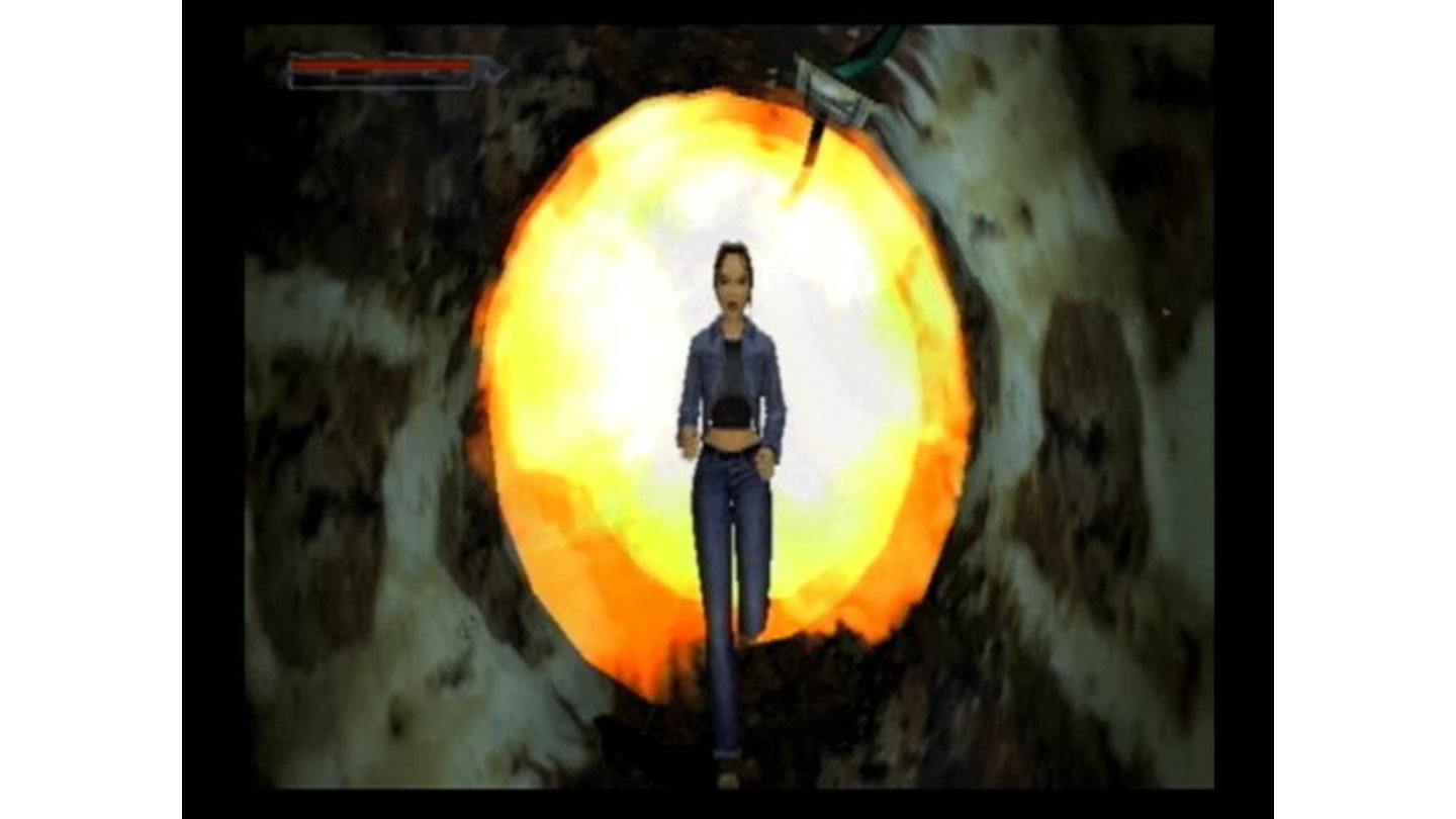 Stuffs blowing up, and Lara's trying to get out of the way!
