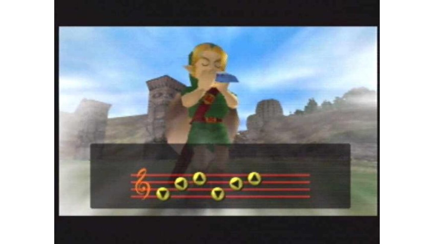 Link plays a tune on his ocarina.