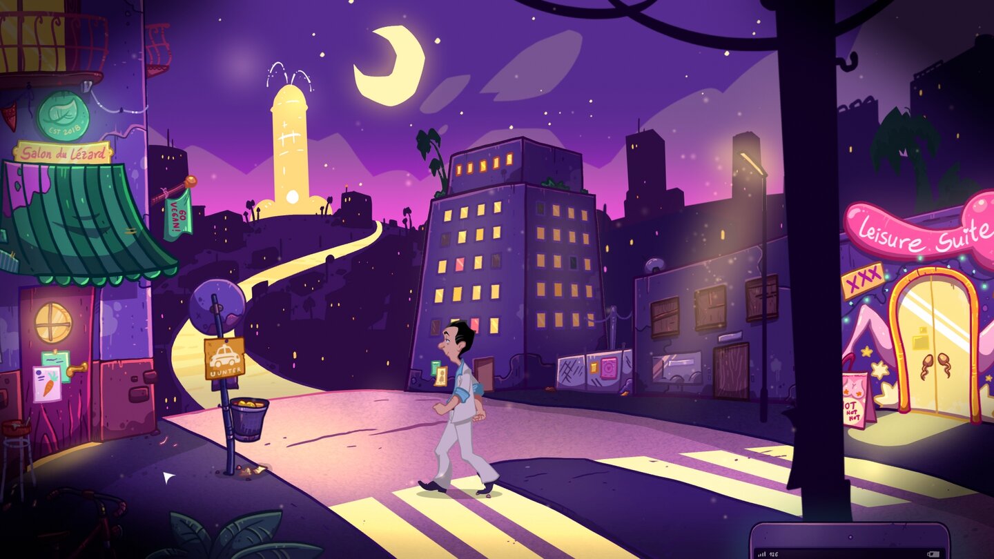 Leisure Suit Larry: Wet Dreams Don't DryIn der Stadt pendelt Larry zwischen Bistro, Sexshop und Fitnessstudio. Am Horizont thront der Firmensitz von Bill Jobs.