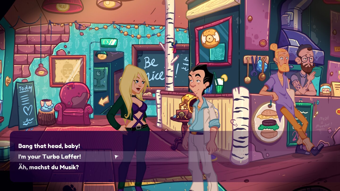 Leisure Suit Larry: Wet Dreams Dont DryRockerbraut Lemma Tallica wurde die Gitarre gestohlen, Larry soll sie finden. Wortspiele wie bei diesem Dialog gibt es zuhauf.