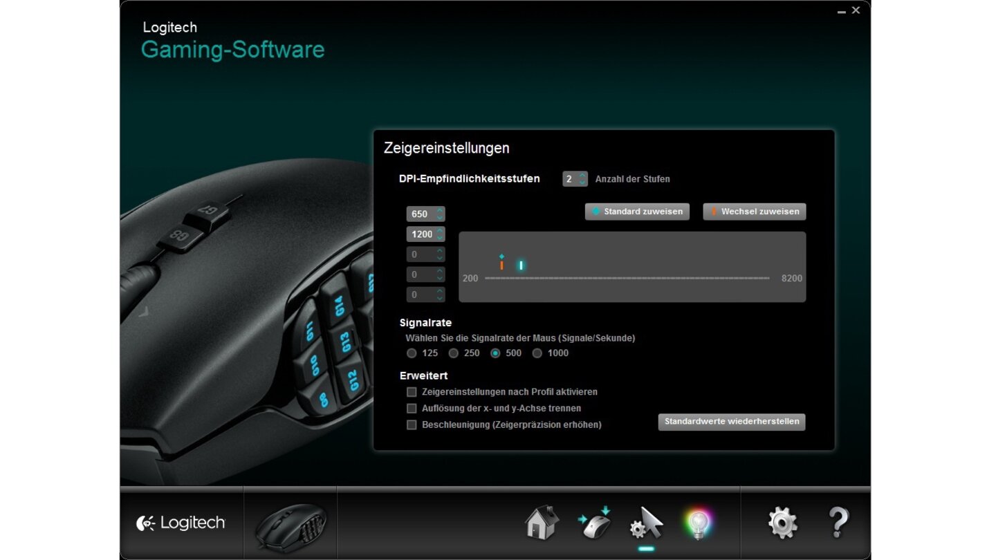 Logitech G600 MMODie Logitech Gaming Software erlaubt weitreichendes Feintuning. Die maximal fünf dpi-Stufen lassen sich in 50-dpi-Segmenten frei wählen und für jedes Profil unterschiedlich anlegen.