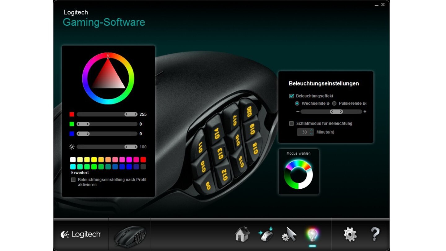 Logitech G600 MMOFarbenfrohe Naturen dürfen bei der Beleuchtung aus 16,7 Millionen Farben wählen. Die LEDs-können dauerleuchten, pulsieren oder Farbwechsel anzeigen. Eine Nachtlichtfunktion lässt die Maus noch für einige Minuten nach dem Ausschalten des Rechners weiterleuchten.