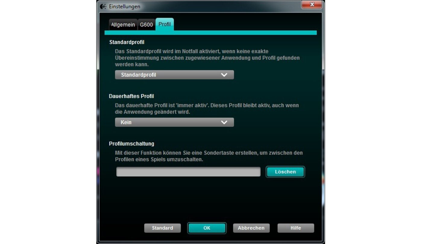 Logitech G600 MMOUnter »Profile« verwalten wir die unterschiedlichen Profile. Auch gibt es hier eine Art Notfallfunktion falls ein selbst erstelltes Profil mit einem vordefinierten Anwendungsprofil kollidiert.