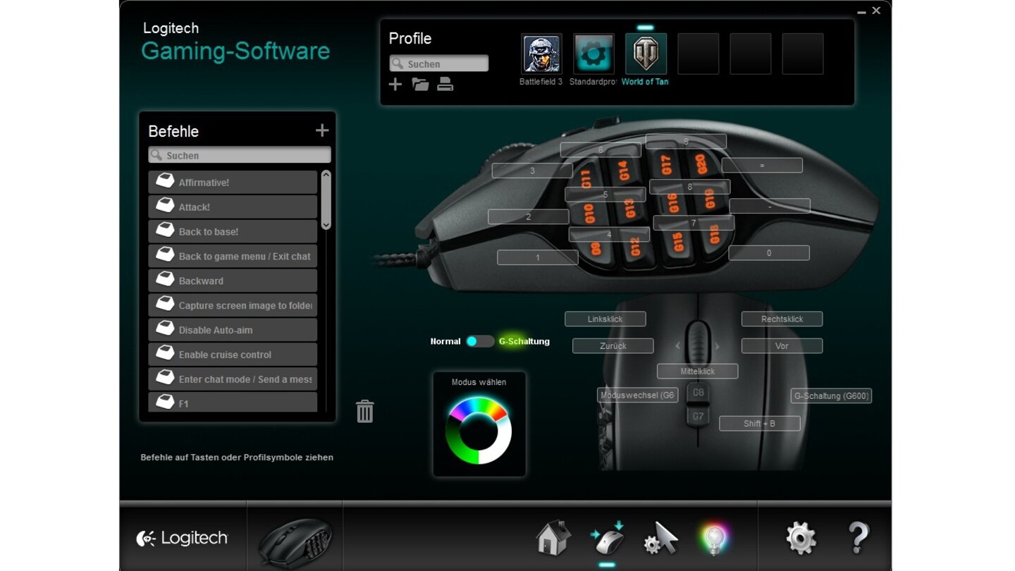 Logitech G600 MMODieses Bild zeigt eine exemplarische Tastenbelegung für World of Tanks. Aus der Befehlsreihe links weisen Sie Aktionen ganz einfach per Drag and Drop zu.