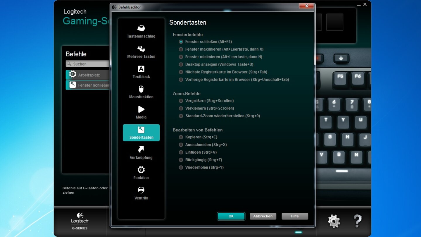 Die G-Tasten dürfen wir mit verschiedenen Aktionen wie beispielsweise Tastenkürzel, Makros, Maus-Aktionen, Windows-Funktionen, Texteingabe oder Verknüpfungen programmieren.