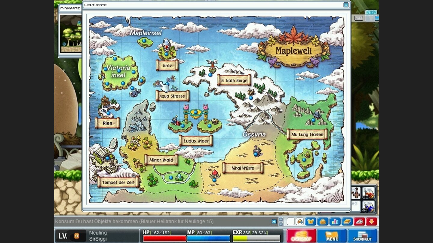 MapleStoryMit Luftschiffen oder Landverbindungen gelangen wir zu den sehr unterschiedlich gestalteten Kontinenten und Inseln.