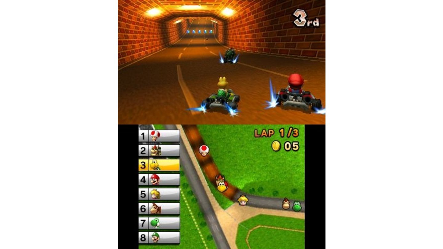 Mario Kart 7Auf dem unteren Bildschirm sind Karte, Platzierungen und Münzenanzahl untergebracht.