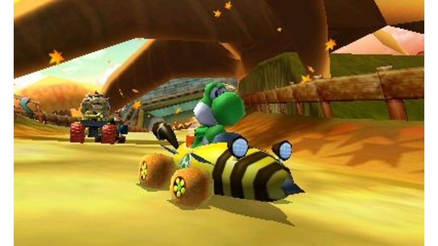 Mario Kart 7Einen grünen Dinosaurier im Bienenmobil sieht man auch nicht alle Tage.