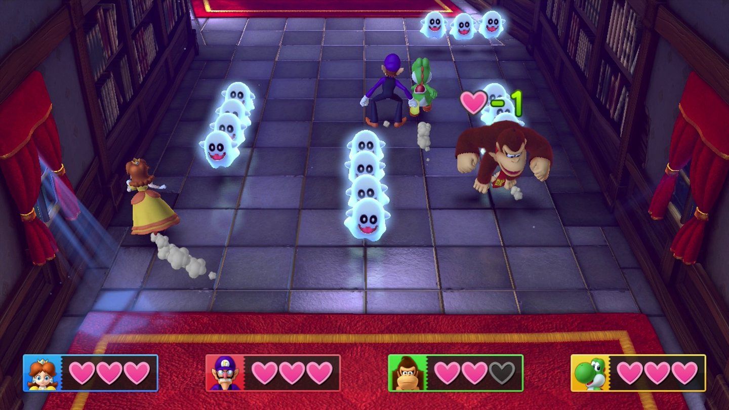 Mario Party 10Hier müssen wir den Geistern im Schloss ausweichen. Wer dreimal getroffen wird, scheidet aus.