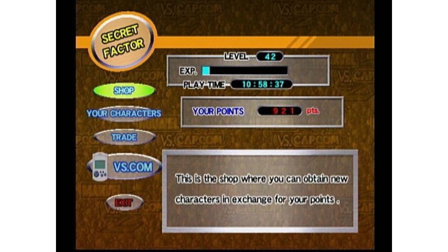 I've played this HOW long? The secret factor screen tells you how much time you've dedicated to the game, plus allows you to buy bonus features, such as new characters and costumes.