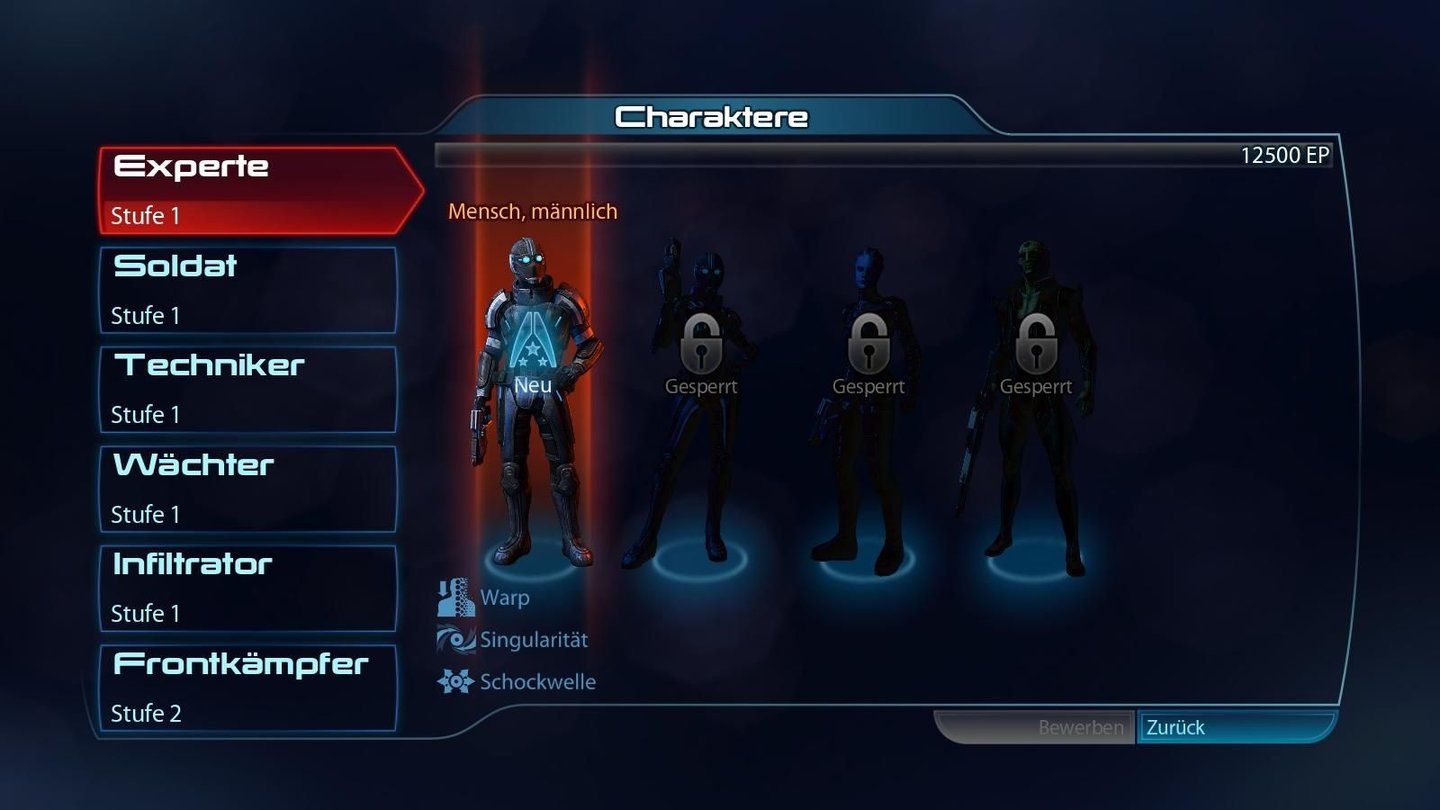 Mass Effect 3 - Multiplayer-Demo… und landen danach in der Charakter-Erstellung. Wir können zwischen den sechs Klassen Experte, Soldat, Techniker, Wächter, Infiltrator und Frontkämpfer wählen.