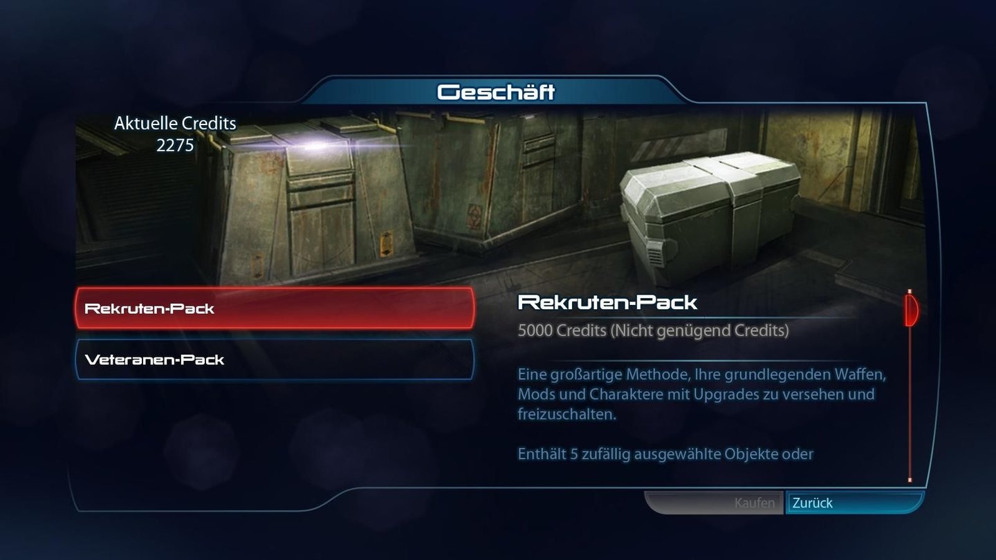 Mass Effect 3 - Multiplayer-DemoMit den Credits wiederum kaufen wir entweder für 5000 Einheiten ein Rekruten-Pack ...