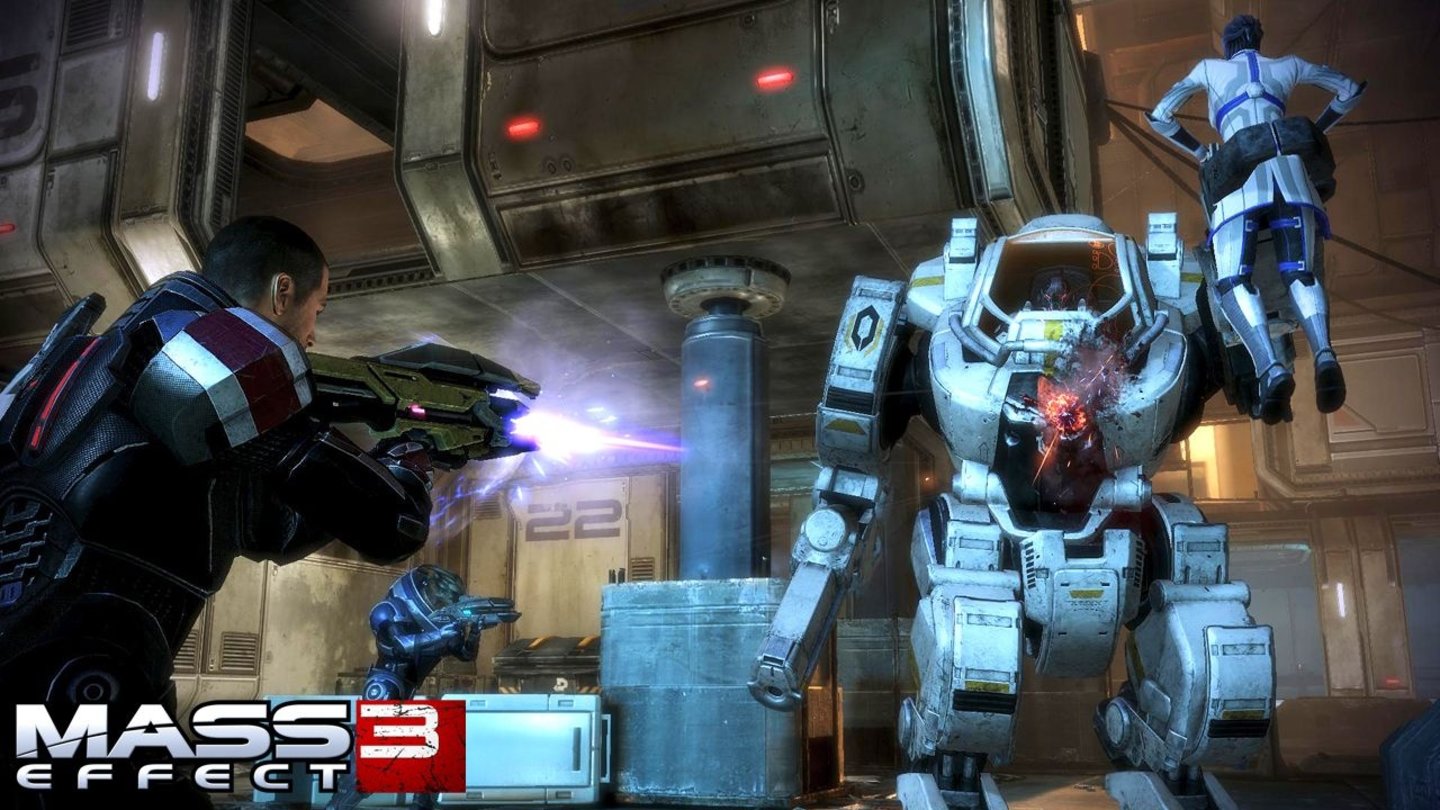 Mass Effect 3Der Cerberus-Mech hat sich Liara gekrallt. Jetzt gilt es, den Kampfroboter so schnell wie möglich auszuschalten.