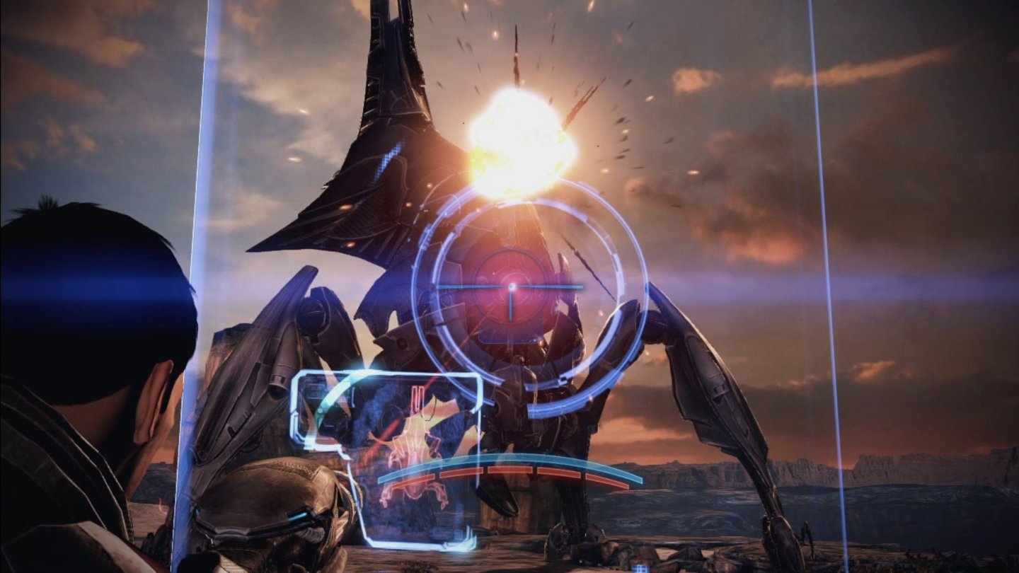 Mass Effect 3 Mann gegen Reaper. In einem eindrucksvollen Bosskampf legen wir uns mit einem der fiesen Riesenmaschinen an.