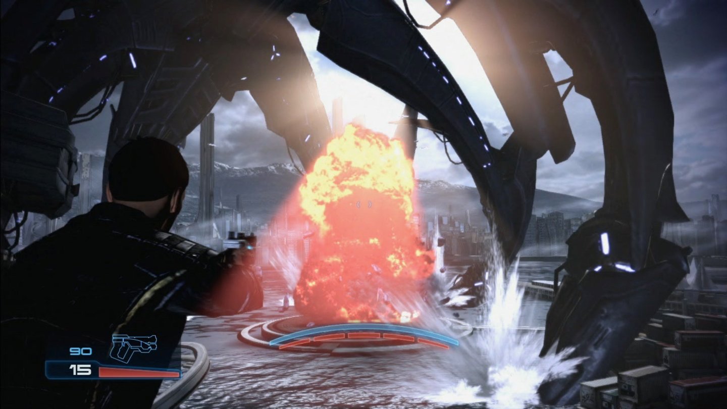 Mass Effect 3Im eindrucksvollen Auftakt kämpfen wir uns auf der Erde durch die Invasion der Reaper.