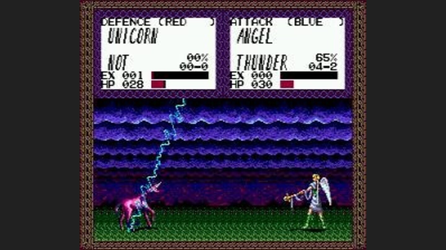 An angel casting a spell against a unicorn.