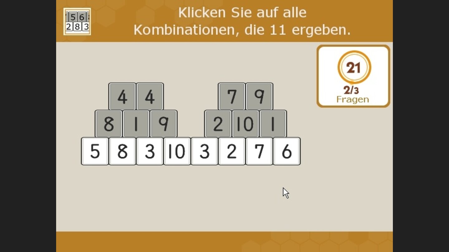 Mauer 11: Klicken Sie auf die weiß hinterlegten Zahlenpaare, die zusammen 11 ergeben.