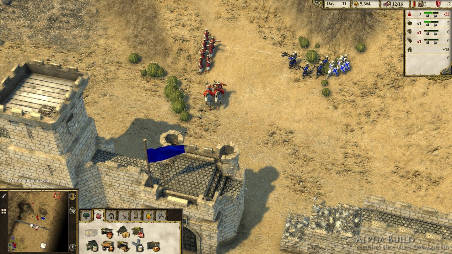 Stronghold Crusader 2 - Bugs der Alpha-VersionDass der Wall durchbrochen wurde, interessiert nur die galoppierenden Reiter. Die Bogenschützen schießen unbeirrt auf unsere gepanzerten Nahkämpfer – die die Angreifer kurz darauf zu Hackfleisch verarbeiten.