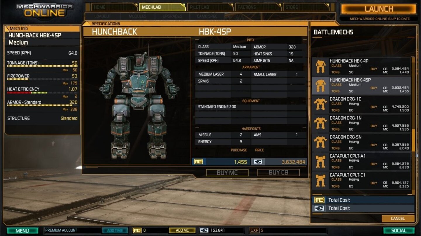 MechWarrior OnlineWeitere Mechs können wir gegen echtes Geld oder erspielte Credits dazukaufen.