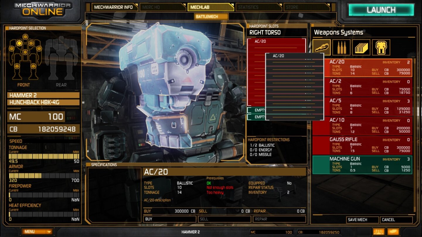MechWarrior Online - Bilder aus dem Mech-Lab