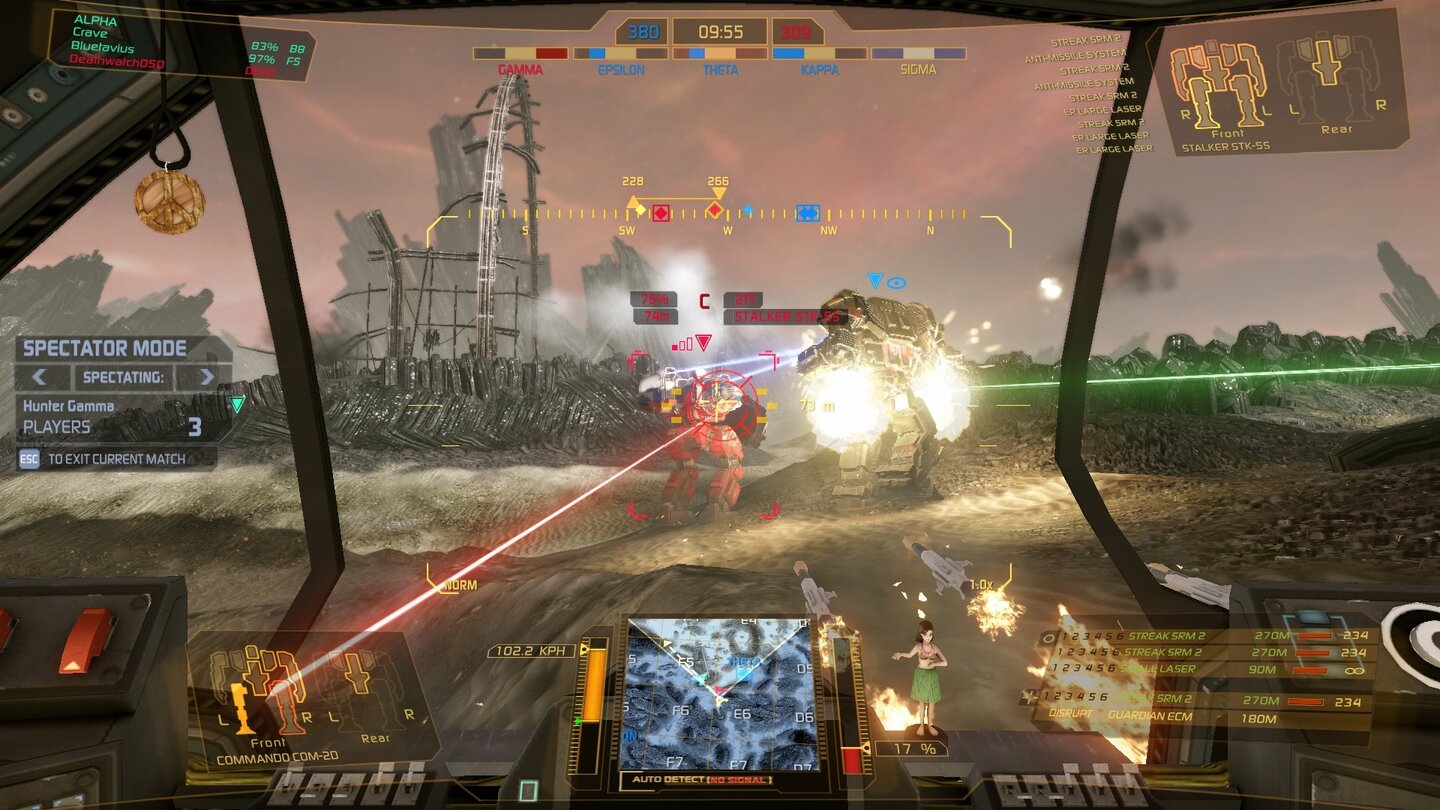 MechWarrior OnlineBlick in den Commando-Mech eines Teamkollegen: Unten wackelt eine Tänzerin, darüber verlassen zweimal zwei Streak-Raketen ihre Werfer.