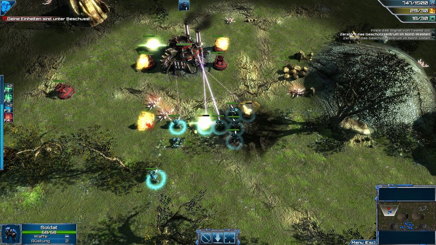 Meridian: New WorldLinks am Bildschirmrand erkennt man eine Energieleiste und mehrere Icons, das sind die Spezialfähigkeiten, die wir im Kampf taktisch nutzen können. So beschleunigen wir den Bau eines Gebäudes, beschädigen Feinde oder heilen unsere Einheiten wie den Infanteristen hier in der Mitte. Aber weder der Effekt, noch die Fähigkeiten selbst sind besonders spektakulär.