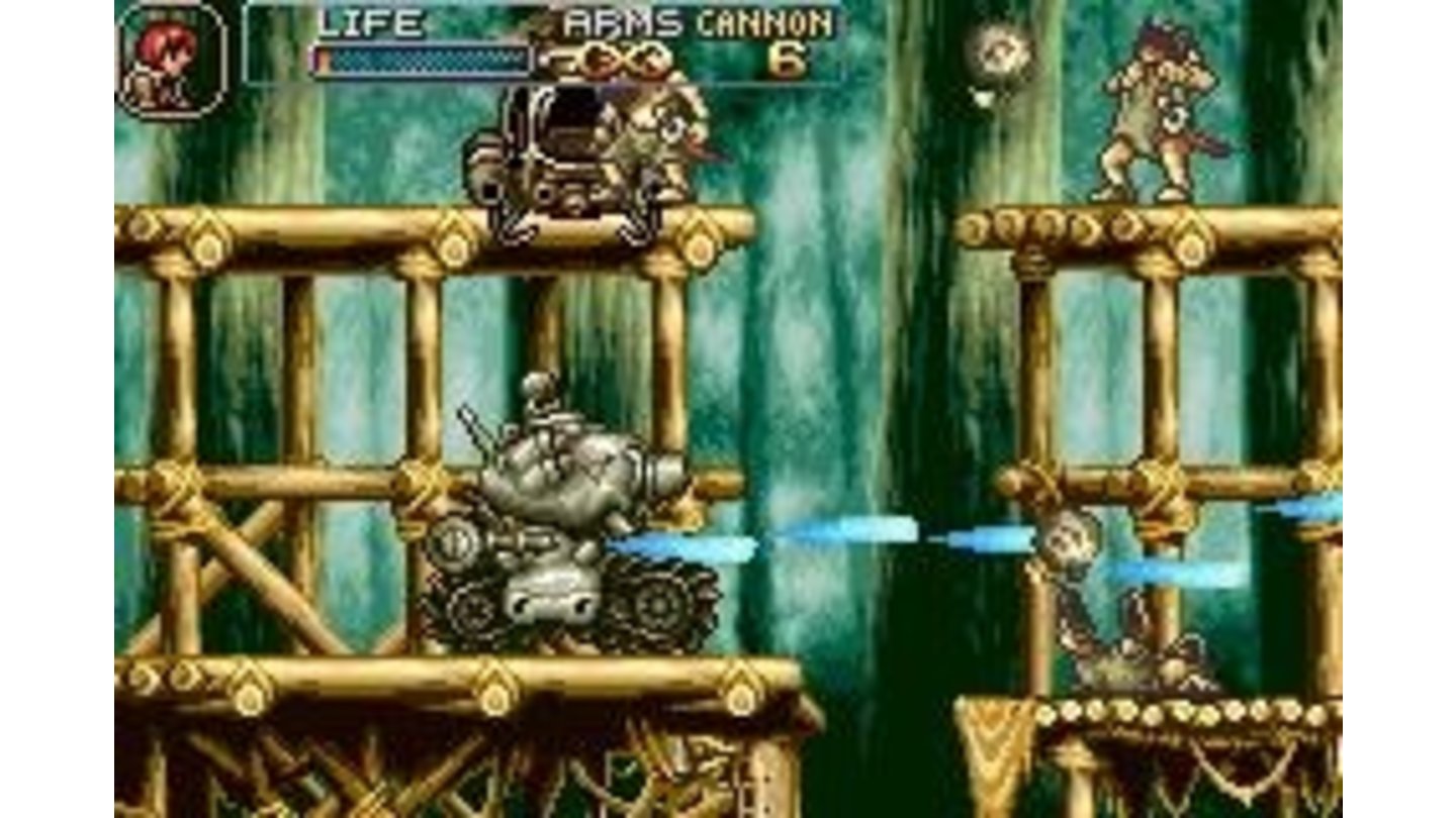 Some kamikaze warriors and an interfered helicopter are pestering the Metal Slug's life.